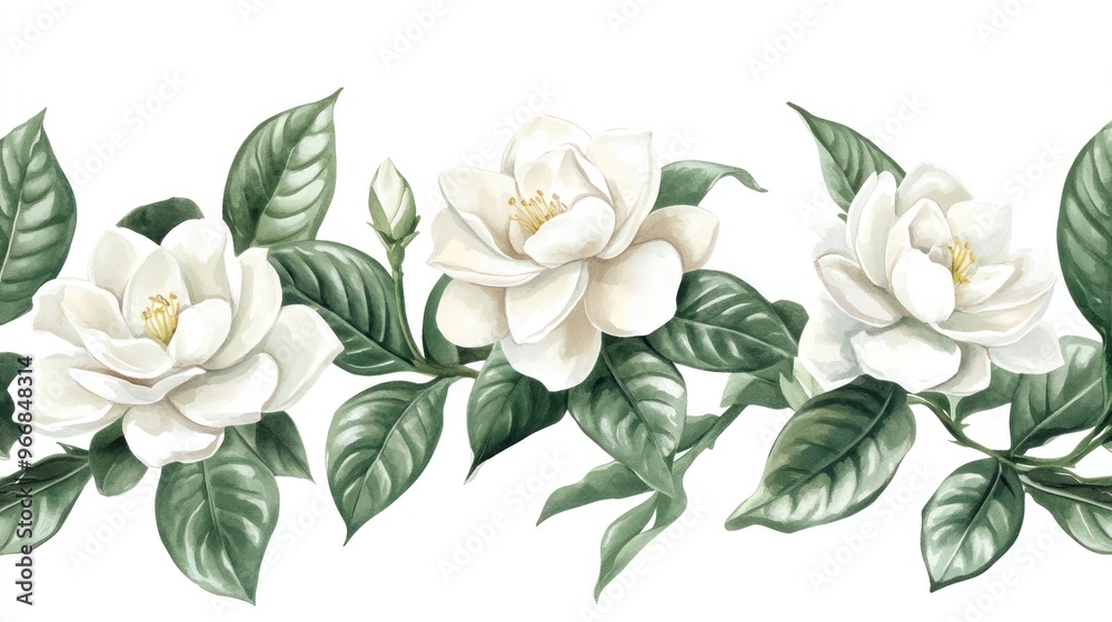 Wall mural a decorative illustration of white flowers and green leaves.