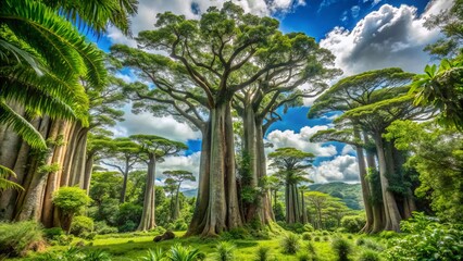 Towering above, ancient trees with ridged and gnarled trunks push through the misty veil, their green leaves rustling