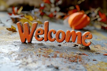 Autumn welcome sign with fall leaves decoration