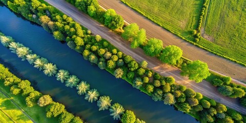 Riverbank adorned with minimalist geometric trees Aerial