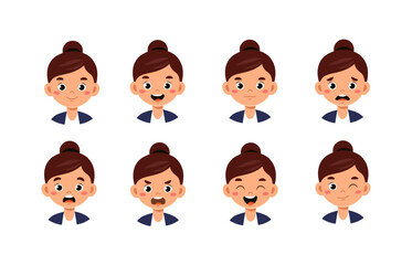 Business woman constructor. Businesswoman in suit. Kit for customization. Pack of face with various emotions. Entrepreneurship and business. Flat vector collection