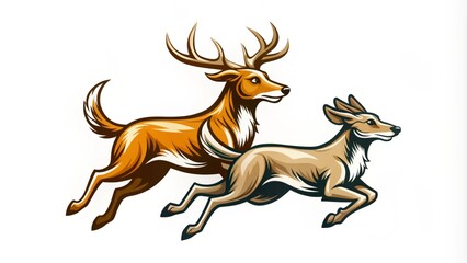 Obraz premium Two silhouetted canines dash after a nimble deer, their contrasting forms converging to embody the unpredictable dance