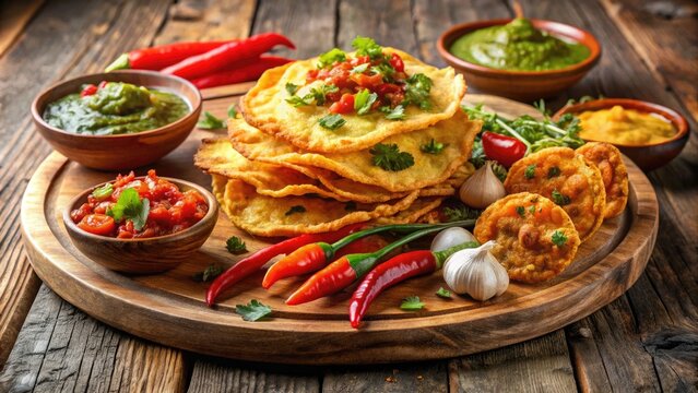 Vibrant array of crispy Indian snacks, including papads, chaat, and savory fritters, garnished with fresh cilantro and chili peppers, on a rustic wooden platter.