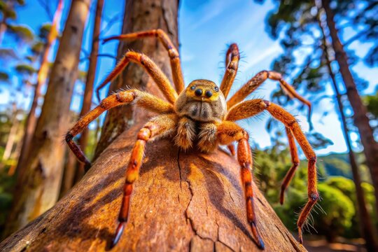 Vibrant Australian huntsman spider perches on a tree trunk, showcasing its impressive leg span and intricate web patterns in a lush, sun-dappled eucalyptus forest.