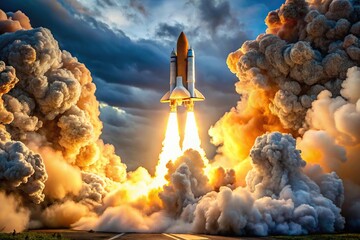 Rocket launching with fire and smoke in extreme close-up view