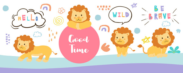 cute lion template banner with hello for horizontal design