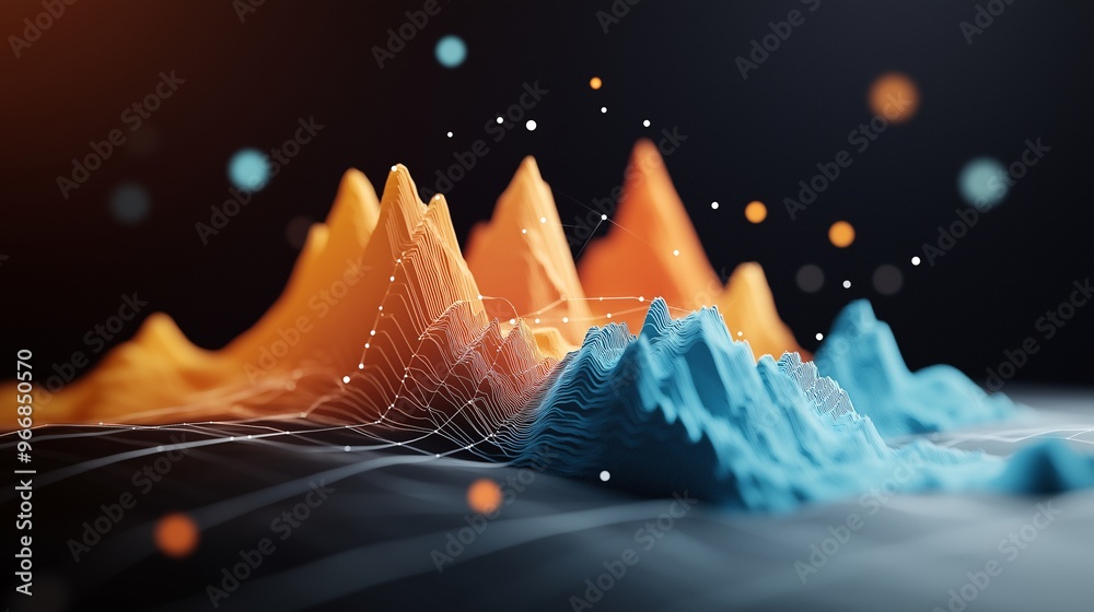 Poster advanced 3d data chart with vibrant, multicolored peaks and valleys representing complex data in a g