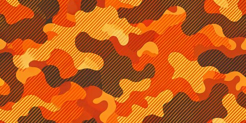 Vibrant orange shapes in bold blacks and whites combine in a stylized camouflage design featuring geometric