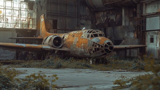 Abandoned Airplane in a Decaying Hangar