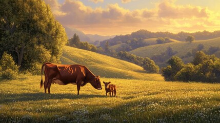 Obraz premium A Cow and Her Calf Enjoying a Sunny Day