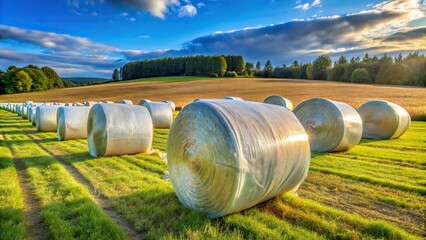 Obraz premium Round hay bales wrapped in plastic on a sloping lucerne field