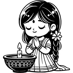 Girl dressed in national Indian clothes prays near a burning candle in monochrome. Simple minimalistic vector in black ink drawing on transparent background