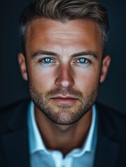 Fototapeta premium full body, a ultra real full body shot photo of 35 years old business man, blue eyes, short blonde hair. At the background a ultra close up macro details, ultra contrast, with generative ai