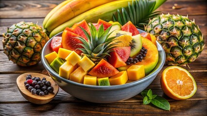 Vibrant tropical fruit arrangement in a colorful bowl, boasting a medley of pineapple, papaya, and bananas, ripe and