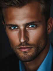 Obraz premium full body, a ultra real full body shot photo of 35 years old business man, blue eyes, short blonde hair. At the background a ultra close up macro details, ultra contrast, with generative ai