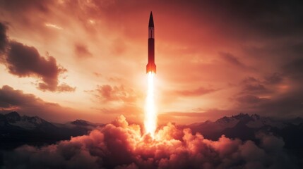 Rocket Launch Over Mountain Range at Sunset