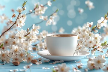 Fototapeta premium A white coffee cup sits on a blue table surrounded by blooming cherry blossoms and petals.