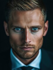 Obraz premium full body, a ultra real full body shot photo of 35 years old business man, blue eyes, short blonde hair. At the background a ultra close up macro details, ultra contrast, with generative ai