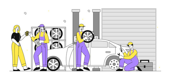 Car service workers. Men in uniform changing car tires. Repair of automobile and vehicle. Maintenance workers with tools. Auto tuning and modernization. Linear vector illustration