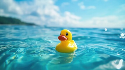 Yellow rubber duck floating in clear blue water, bright and playful summer scene