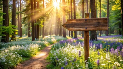 Rustic wooden signpost in forest clearing embraced by wildflowers