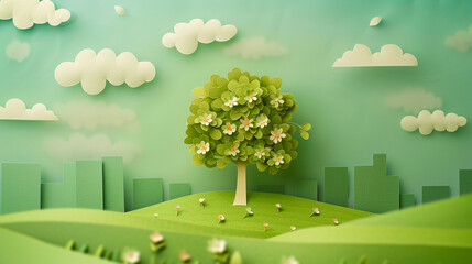 One tree on a papercraft green hill and a cityscape with skyscrapers in the background.