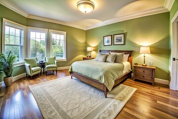 Sage green bedroom with oversized bed and natural fiber rug