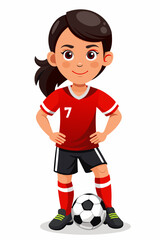 A realistic portrait of a young girl in a red soccer uniform with red socks and black shorts, confidently posing with one foot on a black-and-white soccer ball. Clean white background, vibrant colors,