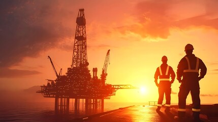 Obraz premium Silhouetted Oil Rig Crew Working Offshore at Dramatic Sunset