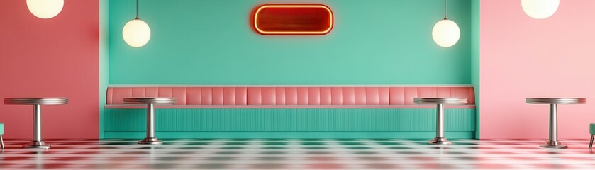 Retro diner interior with a pink and teal color scheme, chrome tables, checkered floor, and neon lighting, evoking vintage style.