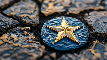 Golden Star on Blue Stone Background
