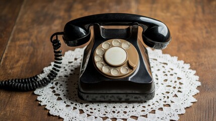 A classic black rotary dial telephone set on a lace doily on a wooden table, evoking nostalgia and vintage communication.