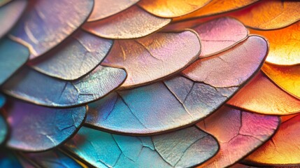 Obraz premium Close-up of iridescent butterfly wing scales, revealing intricate patterns and textures.