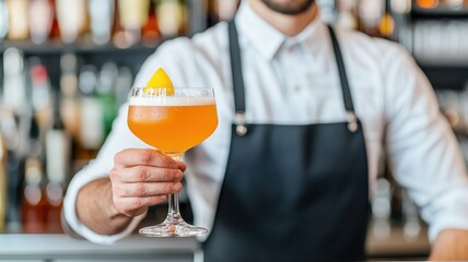 A bartender presents a vibrant cocktail garnished with an orange slice, showcasing mixology in a trendy bar setting.