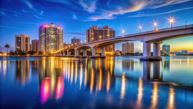Sarasota Florida skyline and bridge across bay at night