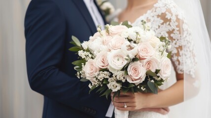 A beautiful bride holds a stunning bouquet of soft pink and white roses, symbolizing love and joy on her special day.