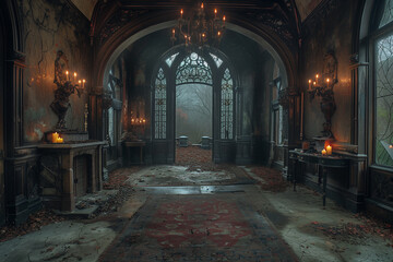 Obraz premium spooky night at the dark medieval castle, scary atmosphere for halloween background concept, Day of The Dead.