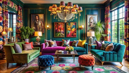Fototapeta premium Vibrant colors and patterns explode in a whimsical, maximalist living room, where velvet sofas, statement lighting, and eclectic decor create an ecstatic atmosphere of joy.