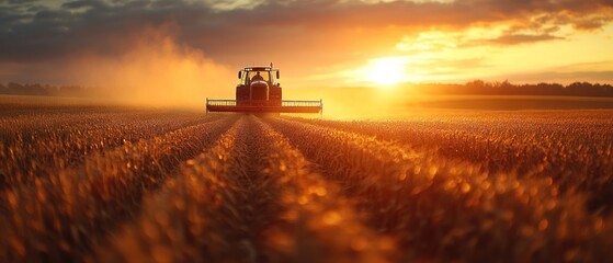 Fototapeta premium Tractor Harvesting Wheat Field at Sunset