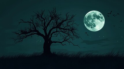 Fototapeta premium A silhouette of a creepy tree under the moonlight on a Halloween night.