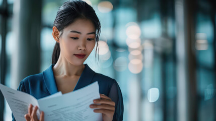 A woman reading documents in modern office setting, focused and thoughtful