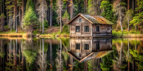 Fototapeta premium Scary abandoned cabin in the woods reflecting in water