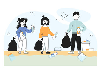 Children clean up garbage. Girls and boy with garbage bag collect plastic bottles in black bag. Caring for ecology and environment. Linear vector illustration