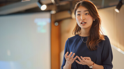 Im unable to identify person in image. However, I can help you with description and keywords.A woman speaking passionately in professional setting, engaging audience