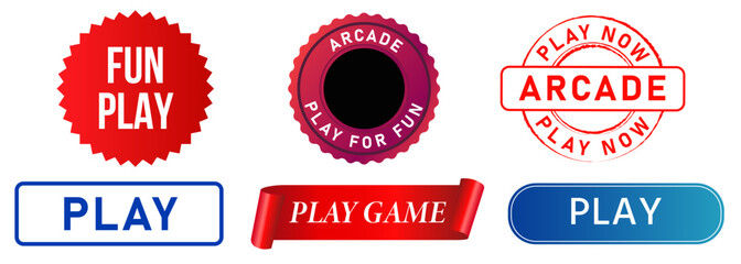 Obraz premium Play game arcade stamp badge have fun playing now symbol sticker logo ribbon colorful object collection design set