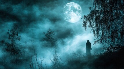 Fototapeta premium A spooky figure lurking in the shadows of a Halloween night, barely visible under the dim moonlight.