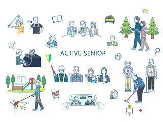 アクティブシニア、老後や趣味を楽しむ高齢者のイラスト