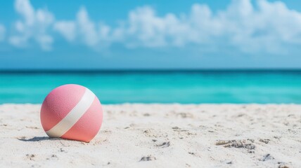 Obraz premium A colorful beach ball resting on the sandy shore with a stunning turquoise ocean and bright blue sky in the background.