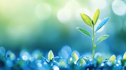 Illustration of Plants growing on a blurred blue nature background. Ai generated image