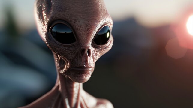 Mysterious Alien Gaze, an illustration of an extraterrestrial being with dark, wide eyes, gazing away amidst a softly blurred night backdrop, evoking intrigue and wonder.